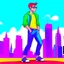 Placeholder: cartoon style character gay man wearing rainbow clothing nice background city view