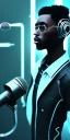 Placeholder: black man podcast on a microphone, CYBERPUNK