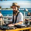 Placeholder: A short brown beard DJ with a hat on his head, sing at microphone, many electronic consoles around, seaside, FRONT VIEW