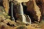 Placeholder: Sunny day, rocks, sci-fi, fantasy, waterfalls, rocky land, mountains, friedrich eckenfelder and alfred stevens impressionism paintings