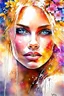 Placeholder: Gorgeous wet look watercolour, a beautiful sensual blond blonde woman, beautiful late summer flowers, colourful, enchanting, wet on wet, silver and gold drops, sparkling lights, winning, intricate, beautiful, gorgeous by Yossi Kotler,