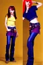 Placeholder: year 1996 denim fashion. Loose skirt, low waist. Combat pants and t-shirt. Colors: denim blue, blue, purple, cream, khaki, light green, lilac, plum, orange, terracotta, red, light yellow, pink, dark blue, beige. Latex in small part. Cheetah pattern. Gwen Stephani, Shirley Manson.Cargo pants