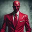 Placeholder: a creepy figure wearing a red suit with a red tie who is missing the skin on his face