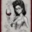 Placeholder: Label of red wine with grapes and vines. A lady in her 40 with long har and eyes glasses, and her younger brother with short hair, with muscles . They are drinking fresh red wine with smiles. simple funny sketch in pencil