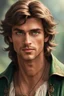 Placeholder: thirty-year-old sorcerer, handsome and kind face, with tanned skin, brown hair and green eyes, dressed as a 18th century countryside teacher