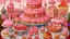 Placeholder: A rosy pink carnival made out if cakes, cookies, cupcakes, and donuts painted by Qiu Ying