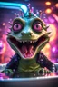 Placeholder: portrait of ultimate transcendent happy disco helmet wested pimp kobold croc alien frown with spotlights and huge dripping forked tounge sticking head out of a bathtub portal, in front of space portal dimensional glittering device, bokeh like f/0.8, tilt-shift lens 8k, high detail, smooth render, down-light, unreal engine, prize winning