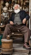 Placeholder: Full length photograph of a 58 year old, strong and chubby Neapolitan antiques dealer, at the street market, elegantly dressed, old glasses, short white beard, short shaved hair, under the sun, stocky, open shirt, hairy chest, sitting in a furniture stall of antique and mirrors, big belly, big shoulders,, sunlight, ambient occlusion, side light, photorealistic, side view from the ground