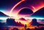 Placeholder: Alien landscape with Epic explanet with rings in the sky, valley, cinematic