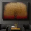 Placeholder: abstract oak tree in impasto paint on black canvas with red and gold painted in the style of malevich and mondrian