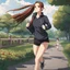 Placeholder: An Arrogant-Looking Young Woman With Pale Skin, Red Eyes, And Long Brown Hair Pulled Up In A Single, Straight Ponytail. Jogging in the park. Anime Style, High Definition, Greg Rutkowski, 8k Resolution, Intricate Details