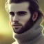 Placeholder: a full picture of a tall skinny man with greasy hair wearing a woolen sweater outside in nature