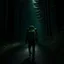 Placeholder: a lonely figure with a backpack, leaving a metropole, on a road, into a forest, photo quality, dark green light