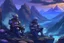 Placeholder: two medieval soldiers in armor sitting near rocks and smoking while looking at distant mountains with purple and blue distant mist and glowing mushrooms and plants around the soldiers