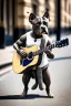 Placeholder: One single mature light Staffordshire terrier, friendly, playing guitar in the street , Berlin, sunny day, model style, hyper realistic, extremely accurate, delicate, extremely detailed, Graphic novel style, wide-angle, open aperture, superfine pencil