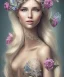 Placeholder: portrait borders head Princess with great bobs long blond hairs, smile,blues eyes no top with flowers