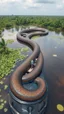 Placeholder: A giant Anaconda snake in the Amazon around a boat with a man on it