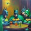 Placeholder: An oil painting of a dark universe masonic sad drunk batman convention, green batman, orange batman, cyan batman, white batman.