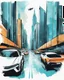 Placeholder: vector t-shirt design, minimalistic ink drawing style, vanishing point on white paper, water color splash, A futuristic cityscape with flying cars soaring between skyscrapers. Digital art, Cyberpunk. In the artistic vision of Linus Martell., painting, illustration