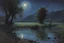 Placeholder: Night, rocks, puddle, mountains, beyond and trascendent influence, philosophic, 2000's sci-fi movies influence, emile claus and friedrich eckenfelder and auguste oleffe impressionism paintings