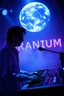 Placeholder: French cool synth player, he is called "Jean-Maurice Brûlée" performing at dance club, his name is "Jean-Maurice Brûlée" , white and blue Neon lights and smog, an earth is projected in background, and "URANIUM" big sign on the wall, he is playing on synthesizers on stage with lot of laser beams and wearing black sunglasses,