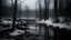 Placeholder: a snowy forest scene, harsh climate, lake, eerie, distant dark soul beings, scary, cold,