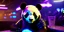 Placeholder: a friendly happy cyborg panda bounty hunter sitting in a nightclub. stylish & ultra detailed . hi-tech . natural tones