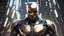 Placeholder: In this captivating image, we see a futuristic soldier from the Batman Beyond universe adorned in cutting-edge cybernetic enhancements made of advanced gold and titanium and stainless steel. The soldier's appearance is striking and meticulously detailed, with sleek metallic plates and intricate circuitry visible across their body. This image, perhaps a digital illustration or a concept art piece, showcases the soldier's powerful and imposing presence. The craftsmanship and attention to detail in