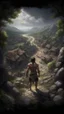 Placeholder: Busch nightmares paining style, thin line draw ,Title:a giant man looks like a hero holding a sword , a top view of a Stone Age village , 8k artistic photography, photorealistic concept art, soft natural volumetric cinematic perfect light, chiaroscuro, award-winning photograph, masterpiece, oil on canvas, Raphael, Caravaggio, Greg Rutkowski, people, beksinski, Giger