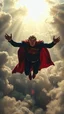 Placeholder: Superman carrying Donald Trump flying above swirling clouds, emerges from the heart of a raging storm. Turbulent winds of steam swirl around the louds lit by shafts of sunlight that cast dramatic shadows on the strong body High quality 16k cinematic scene and great photography