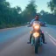 Placeholder: Royal enfield classic 350. Highway. high speed. bokeh. lens flare. warm lights. high detailed