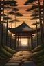 Placeholder: Shinto shrine in forest in 1 point perspective with sunset realism