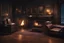 Placeholder: Antique office, couch, lit fireplace, wooden floor, dark colours, night time