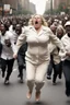 Placeholder: an obese terrified blonde white woman crying and sobbing in a pant suit desperately running away from an angry mob of thousands of black people chase her down a city street