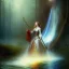 Placeholder: romantic fantasy spray painting, william Turner, watercolor, close up on dark robed poet playing lute for an elf in magical winding forest, bald creature in waterfall, movie poster