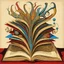 Placeholder: Surreal book art, love of books, ultra weirdcore, in style of Salvador Dali, by Jason Limon, silkscreened mind-bending illustration; expansive, dramatic, rich primary colors, open book motif, quirky, wood carving