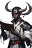 Placeholder: En Young male black skin tiefling fra dnd holding a book with Arcane Magic in a silver and White Rope. His horn a perfectly place on acet from the front to the back pointing upwards