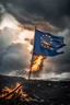 Placeholder: European flag, under stormy skies, a fire burns in the distance;