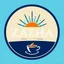 Placeholder: A circular logo with the name (ZAHA) designed for a cafe with the symbol of the sun and the writing of the cafe under the name and the theme of turquoise and indigo colors and a coffee bean and a coffee cup at the bottom of the logo and a blue and black circle around the work
