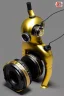 Placeholder: Metallic Cyber-punk style camera-mask and old headphones. Large fencing mask covers cheeks. Man in good shape. Reflective plastic body surface, golden skin, full-coverage. Body and Head full of integrated old-fashioned cameras and an old telephone. Golden to black surfaces body. Perfect body. Equations, Euclidean 3D-tiling, Escher tiling. 1996. Cables in head. Daft Punk. Matrix leather jacket. Hood. Beanie.