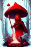 Placeholder: magical red mushroom with a human body , sword and red cape cooking soup in the forest , glow, shiny , fantasy