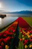 Placeholder: Vista aérea de un campo de tulipanes de colores, cielo soleado con mucha luz. Con montañas a lo lejos y un lago con un bote.