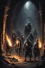 Placeholder: group of knights with torches exploring a dark dungeon filled with traps and old ruins, keith parkinson art style, portrait