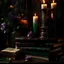 Placeholder: rave on books with flowers and lit candles dark moody art with browns green earthy tones, deep purples, hyper realistic maximalist concept art