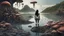 Placeholder: detailed matte painting of a wide-angle shot of a woman standing on the right-hand side of an alien beach, with dark hair in a silver robotic catsuit, many floating mushrooms with jellyfish tentacles, alien jungle trees in the distance, deep colour