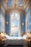 Placeholder: house in the clouds, bedroom, cozy, minimalism, angelic, royal, fancy, gold and white, sky, big window overlooking the sky, heavenly, soft blue, castle vibe, princess room, night, old