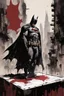 Placeholder: Batman leaving his vote in a voting box. behind post apocalyptic cityscape darkred tones, painting by Yoji Shinkawa,