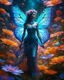 Placeholder: bioluminescent creatures are also common in surreal artwork, creating an eerie and dreamlike atmosphere. The beautiful woman butterfly in this image is made of huge petals, creating a vibrant and colorful effect,wonderful gardens flowers background