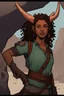 Placeholder: A DnD character. A female horned Tiefling ranger with pointy ears standing in a cave. The Tiefling has curly hair and a little pterosaurs on her shoulder.