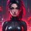 Placeholder: Alluring Defeated cyberpunk spy, dark eyeshadow, Angry And Arrogant, Shocked, black choker, red bodysuit, anime style, video game character